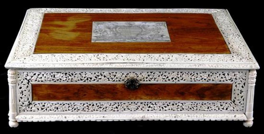 Appraisal: Anglo-Indian Padouk wood inlaid ivory writing box c ivory plaque