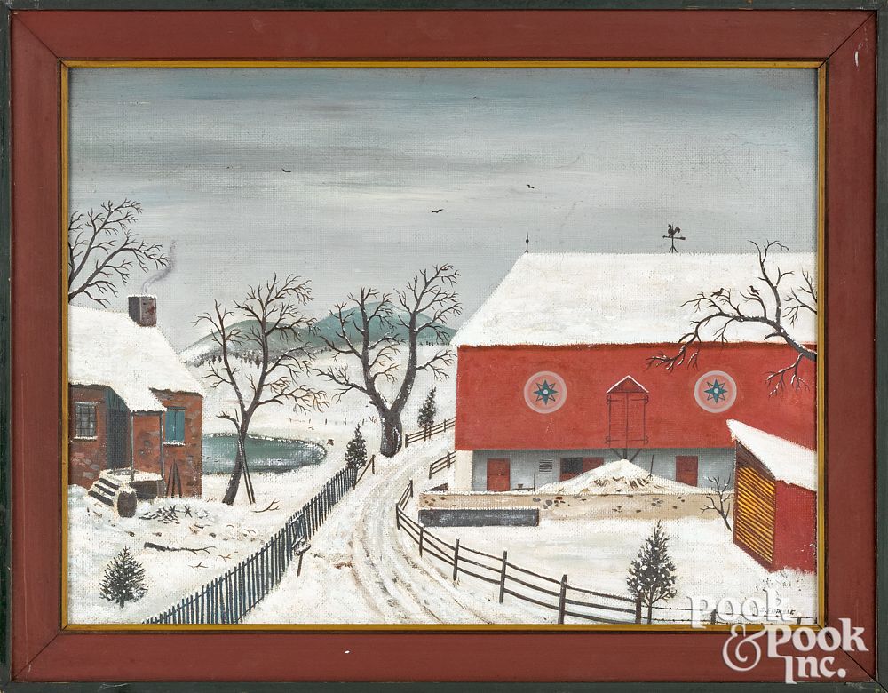 Appraisal: David Y Ellinger oil on board winter farmscene David Y