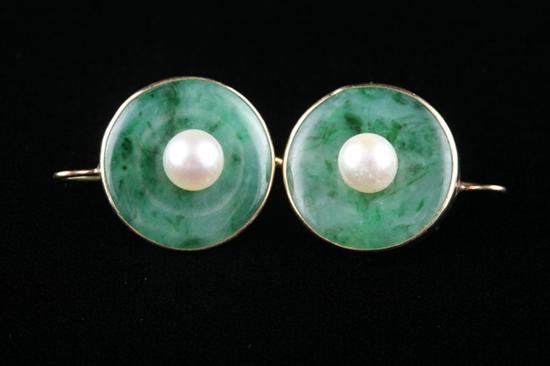 Appraisal: PAIR K YELLOW GOLD JADEITE AND CULTURED PEARL DROP EARRINGS