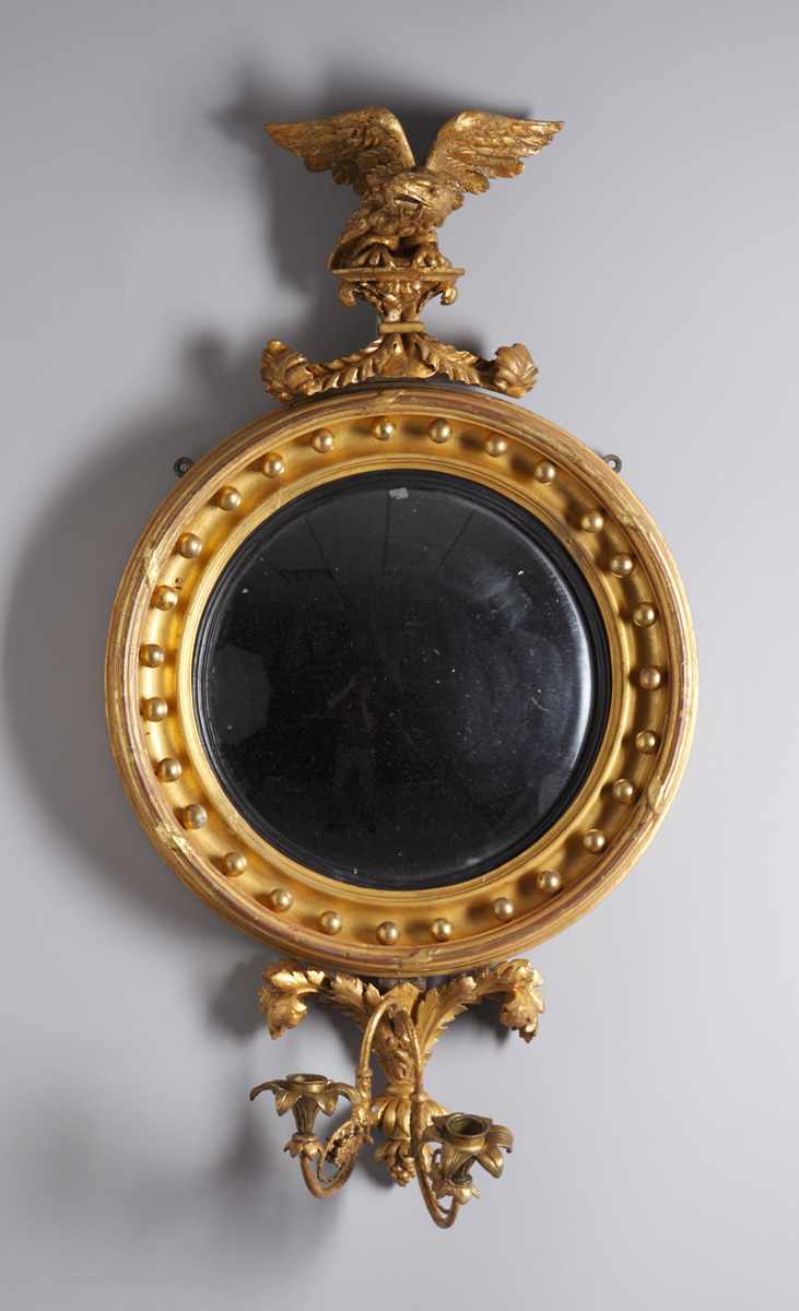 Appraisal: Early th Cent Diminutive Federal Giltwood Convex Mirror w Eagle