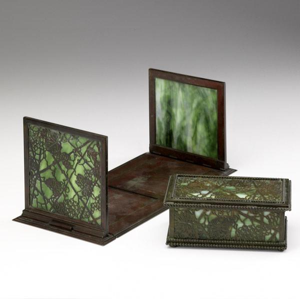 Appraisal: TIFFANY STUDIOS Two bronze desktop items in the Grapevine pattern