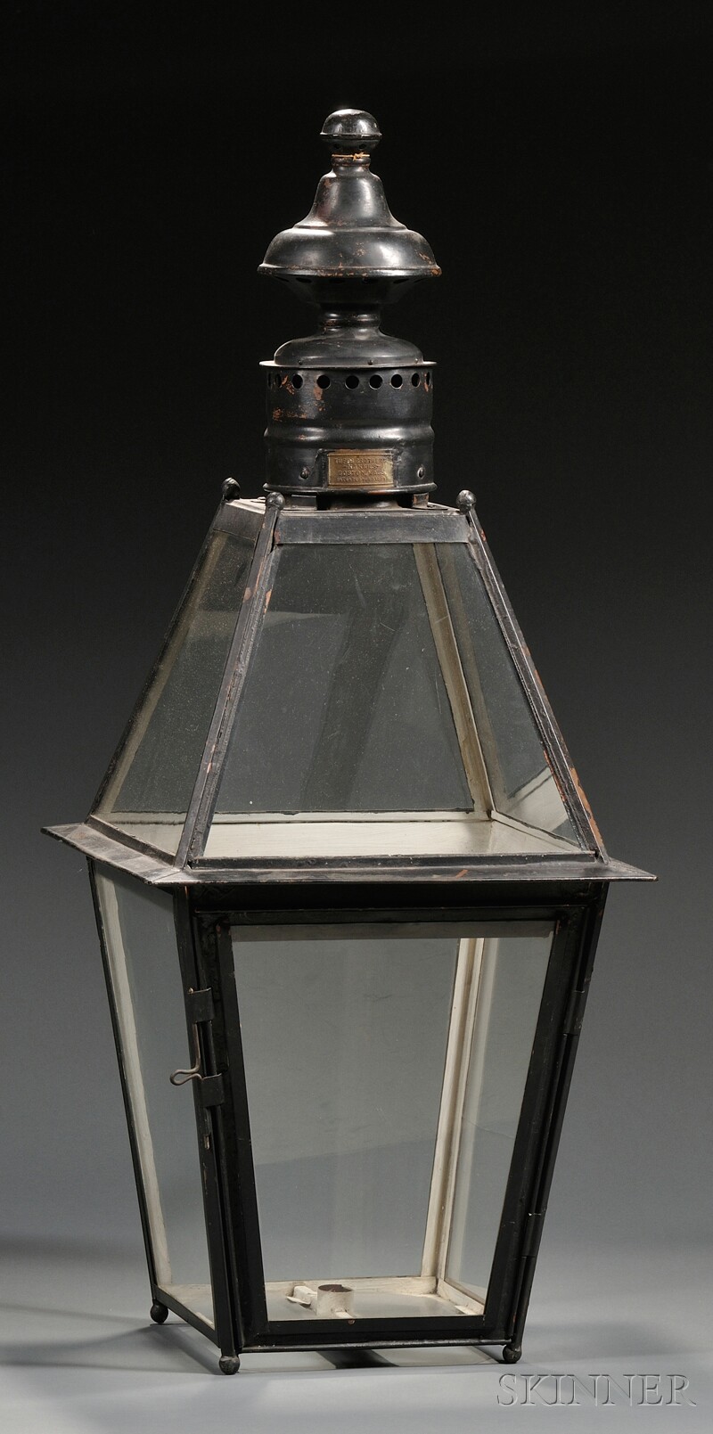 Appraisal: Large Black-painted Copper and Glass Candle Lantern Tufts Brothers Makers