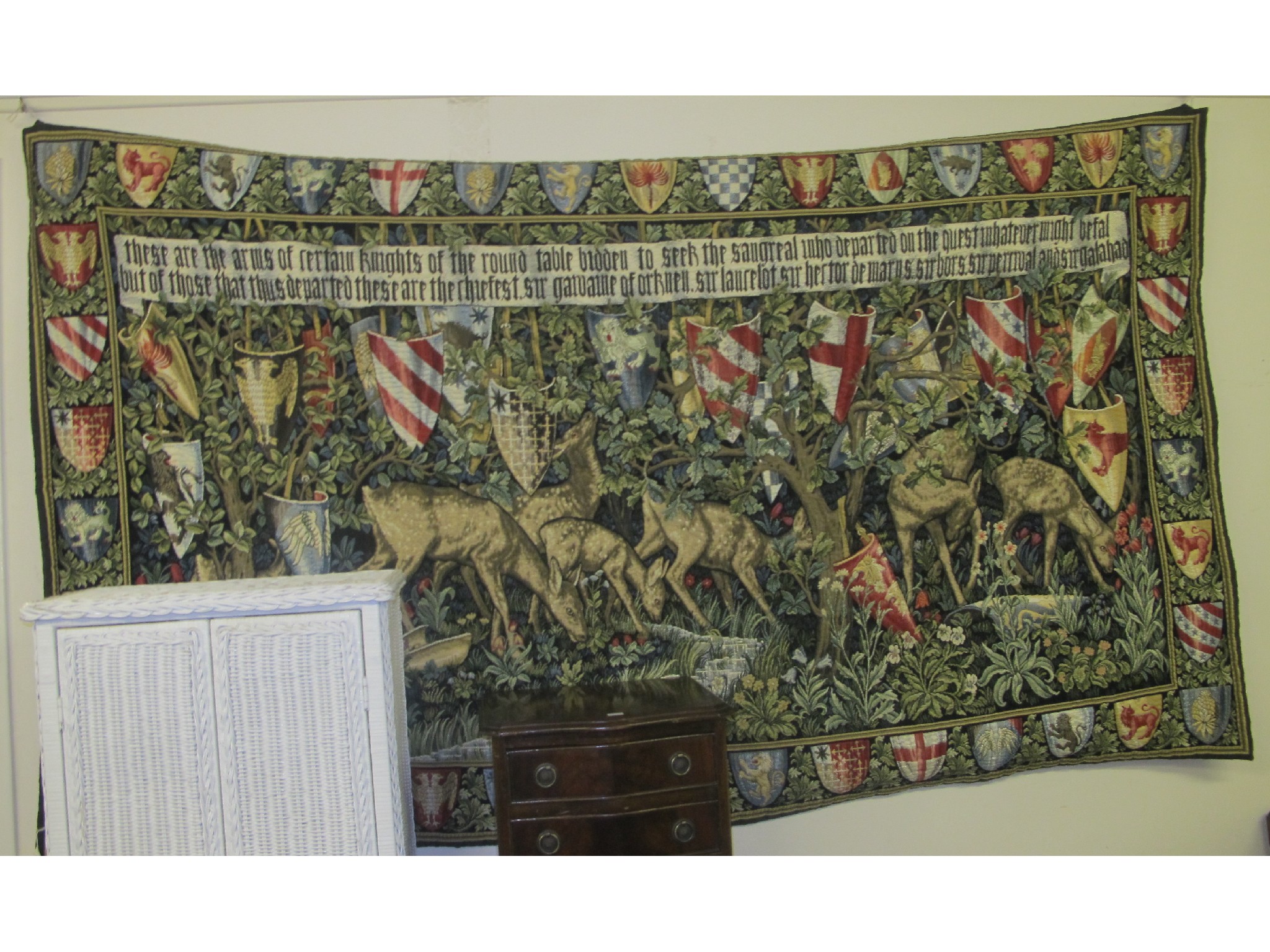 Appraisal: Large French wall hanging with deer and knights shields