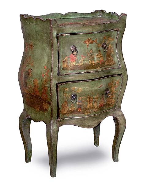 Appraisal: An Italian Rococo style green painted and chinoiserie decorated commodino