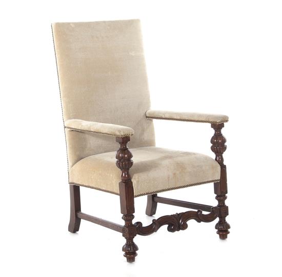 Appraisal: Charles III style carved mahogany and upholstered armchair BH SH