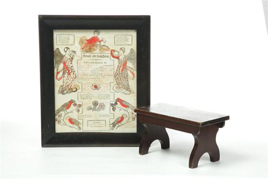 Appraisal: FRAKTUR AND FOOTSTOOL American th century Handcolored fraktur printed by