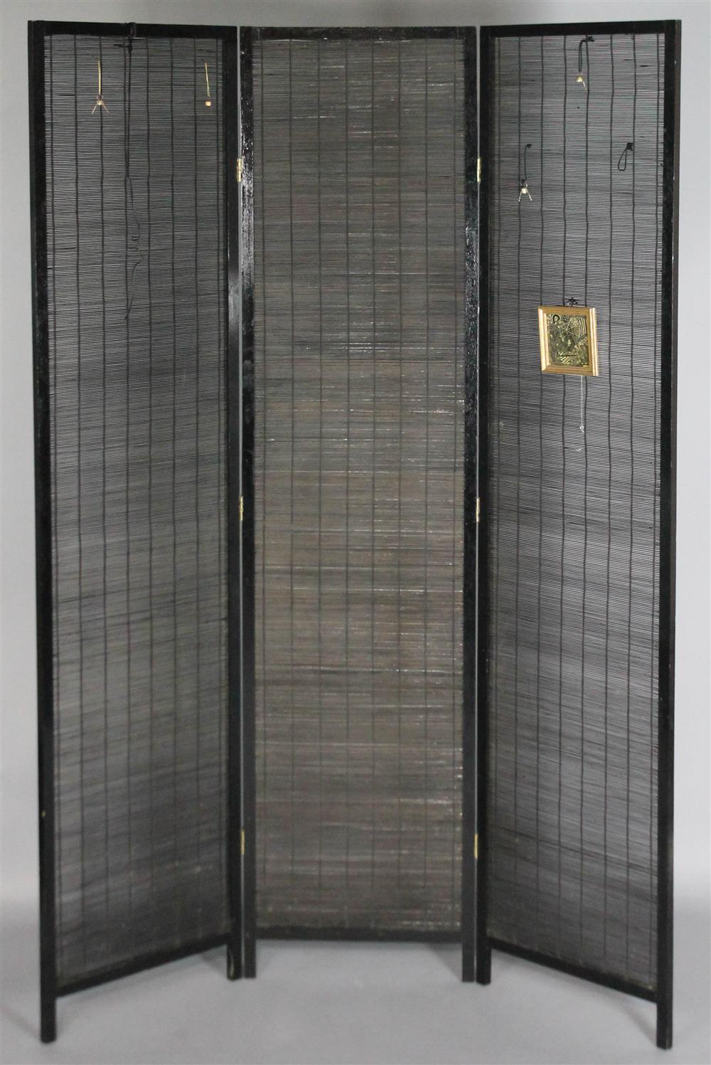 Appraisal: CONTEMPORARY BLACK PAINTED WOOD AND REED SCREEN having three hinged