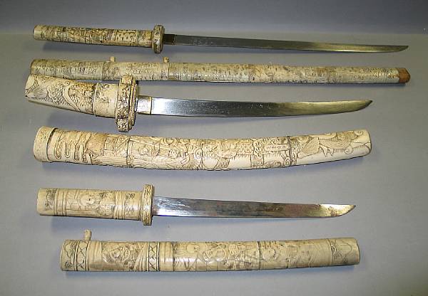 Appraisal: Three pieced bone mounted swords Each carved with figural decoration