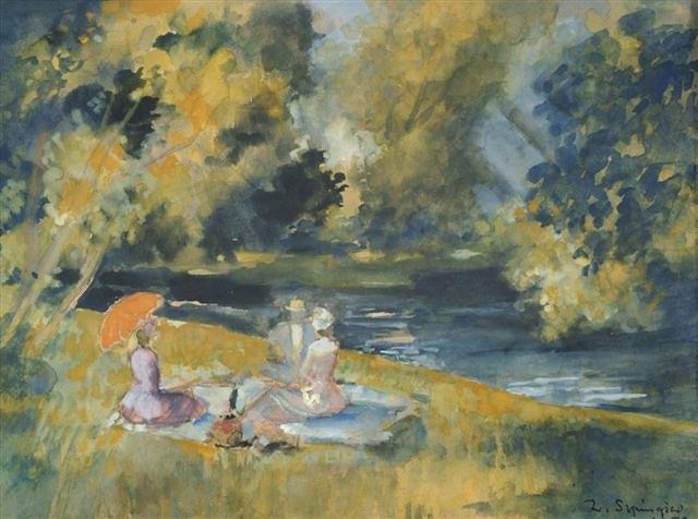 Appraisal: ZYGMUNT SZPINGIER - - Figures picnicking by a river signed