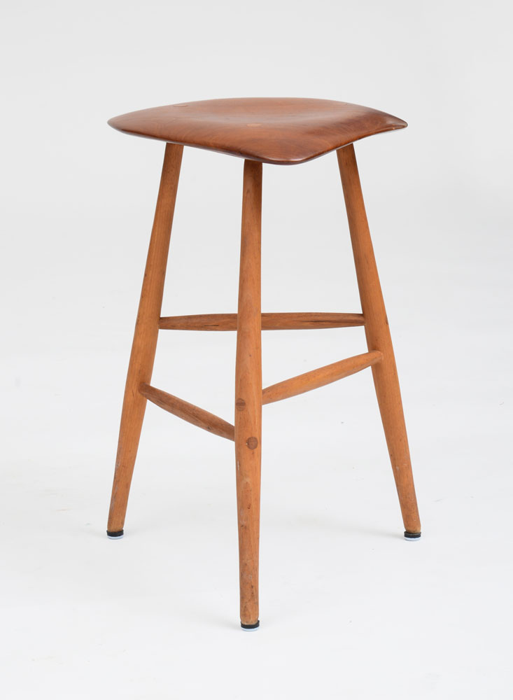 Appraisal: WHARTON ESHERICK TRIPOD STOOL Oak cherry dated carved signature x