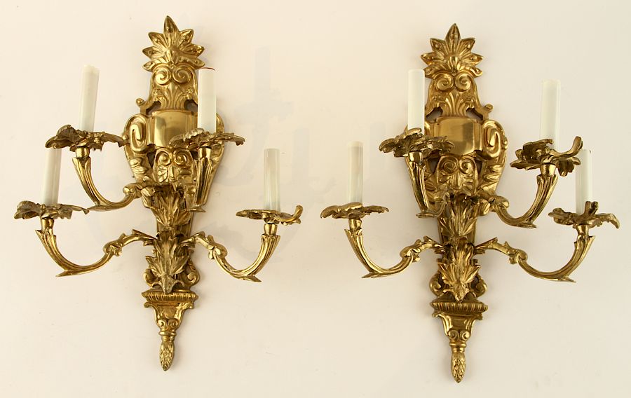 Appraisal: PAIR BRASS LOUIS XV STYLE FOUR LIGHT WALL SCONCES A