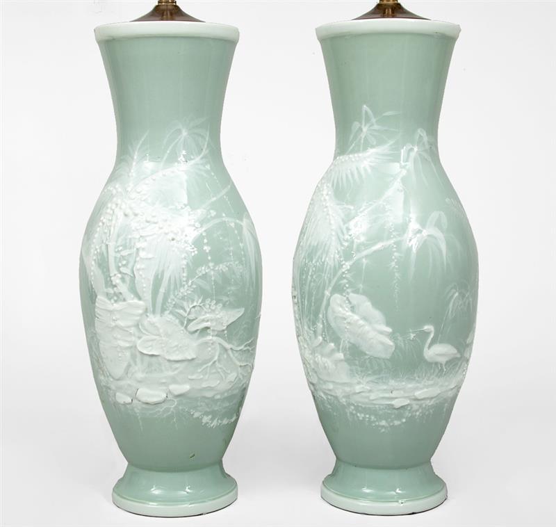 Appraisal: Pair of Celadon-Ground Porcelain P te-Sur-P te Vases Mounted as