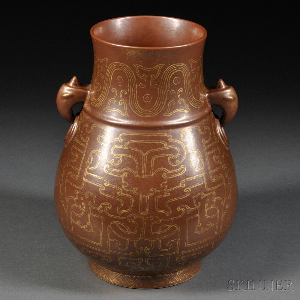 Appraisal: Bronze-glazed Porcelain Vase China th th century hu-shaped with two