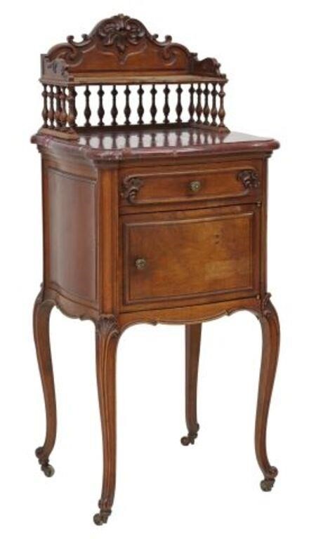 Appraisal: French Louis XV style walnut bedside cabinet carved and spindle