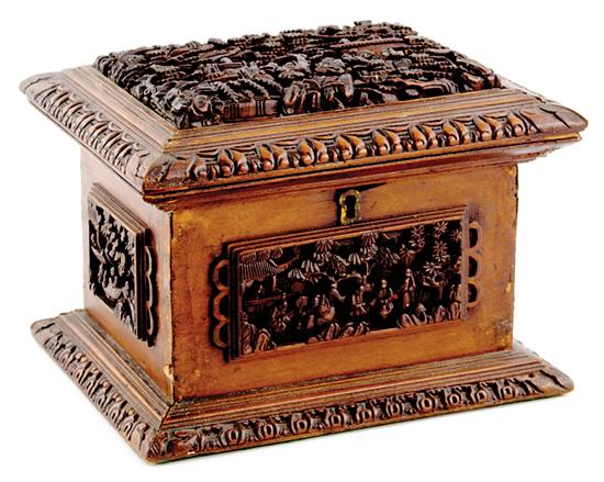 Appraisal: Chinese carved hardwood diminutive casket late th century intricately carved