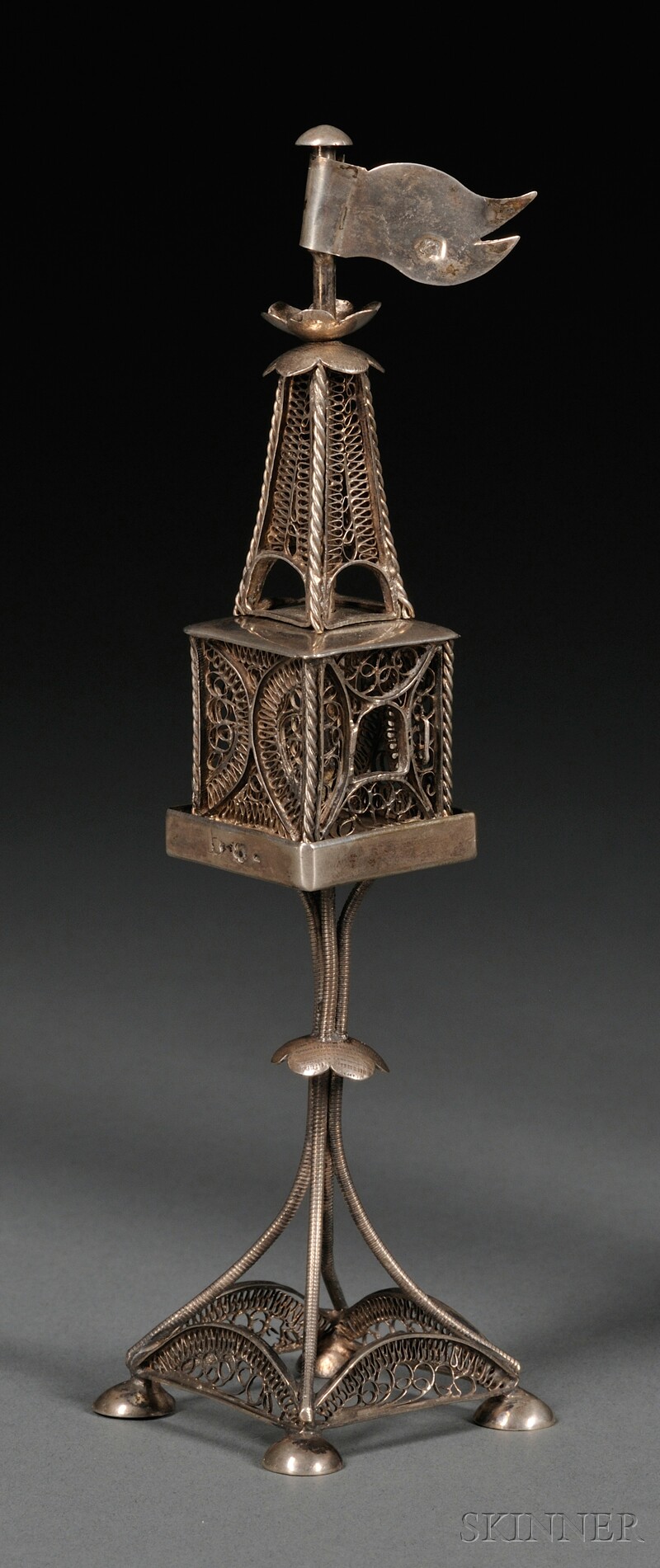 Appraisal: Austro-Hungarian Silver Filigree Tower-form Besamim Box Spice Container tower-form filigree