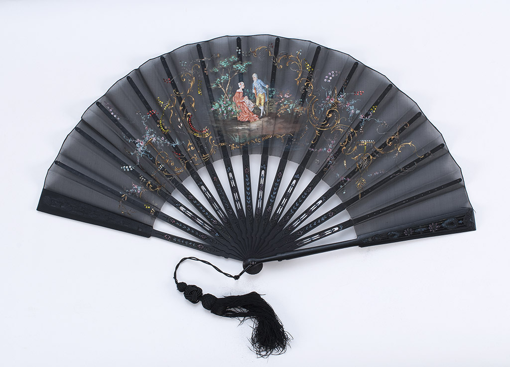 Appraisal: BLACK SILK AND WOOD FOLDING FAN Italian Late th Century