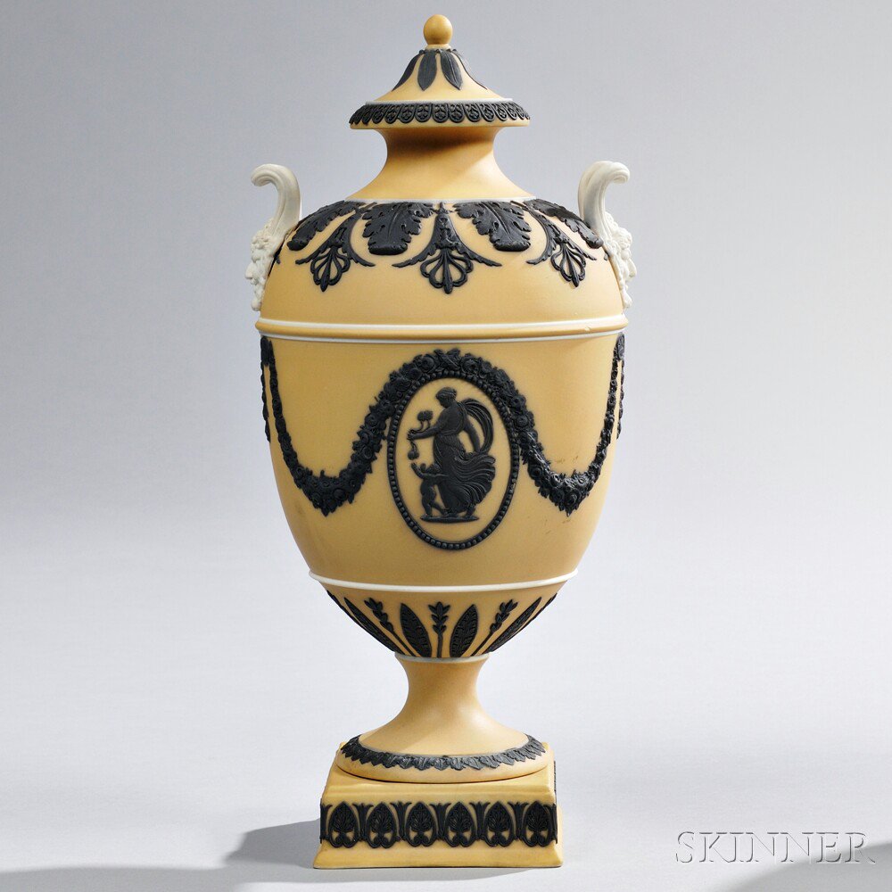 Appraisal: Wedgwood Yellow Jasper Dip Vase and Cover England c applied