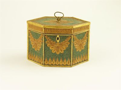 Appraisal: A George III rolled paper hexagonal tea caddy the panels