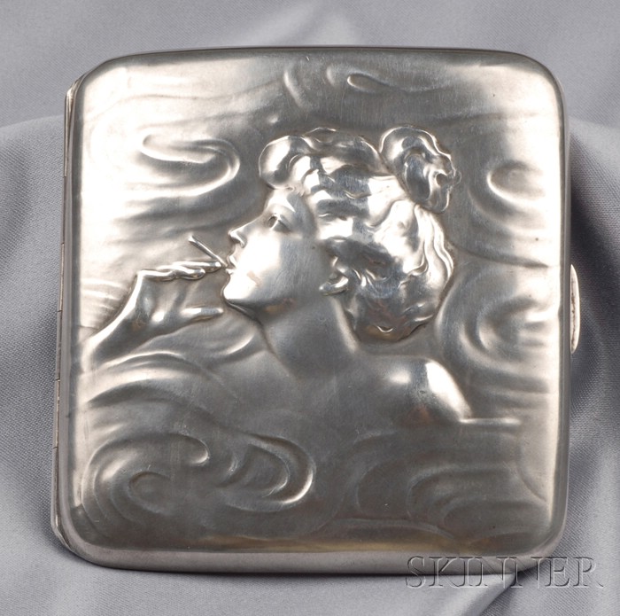 Appraisal: Art Nouveau Sterling Siler Cigarette Box Unger Brothers depicting a