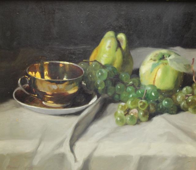 Appraisal: ARPAD Romek Oil on Board Still Life with Fruitand Cup