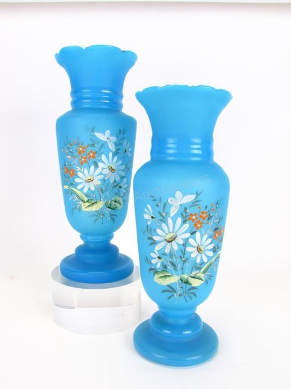 Appraisal: Pair of Victorian Blue Glass Bristol Vases frosted blue glass