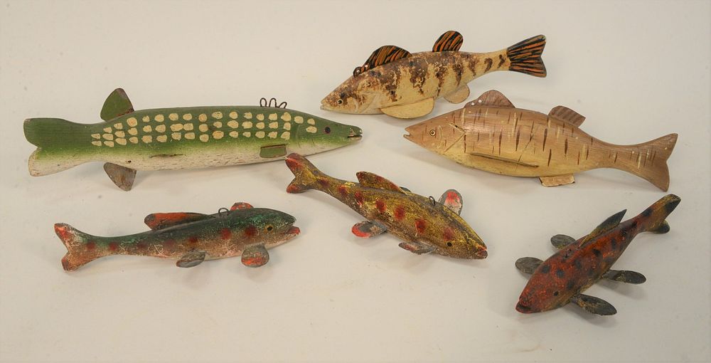 Appraisal: Group of Six Fish Decoys carved wood with metal fins