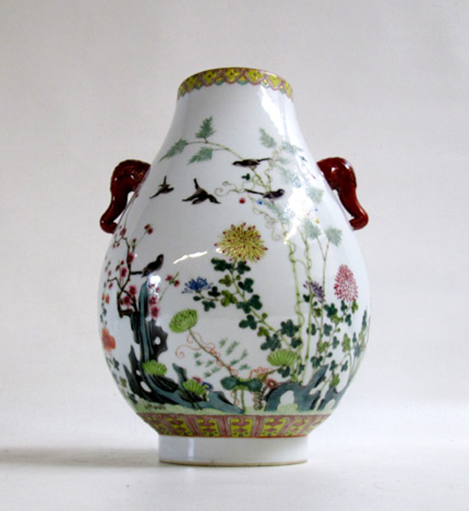 Appraisal: CHINESE HU-SHAPED PORCELAIN VASE the exterior decorated with colorful enamel