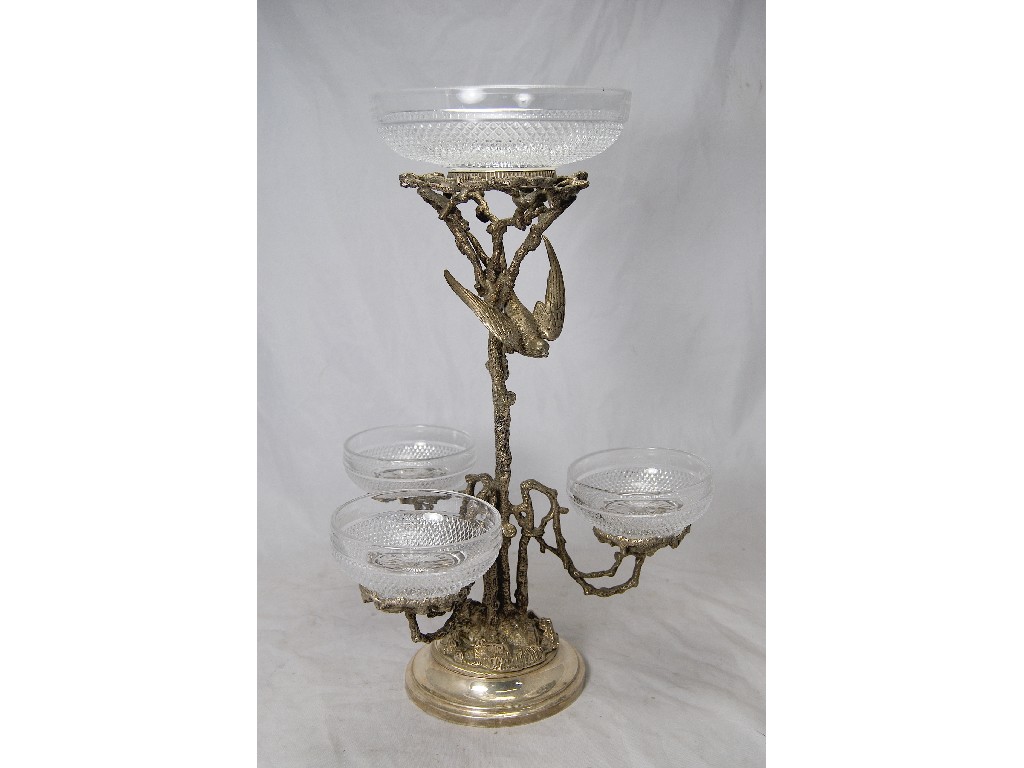 Appraisal: Silver plated epergne featuring tree with birds amongst branches c