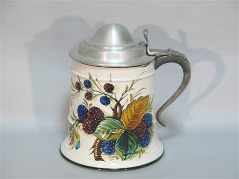 Appraisal: LARGE ITALIAN GLAZED POTTERY TANKARD Gaily painted with fruiting blackberry