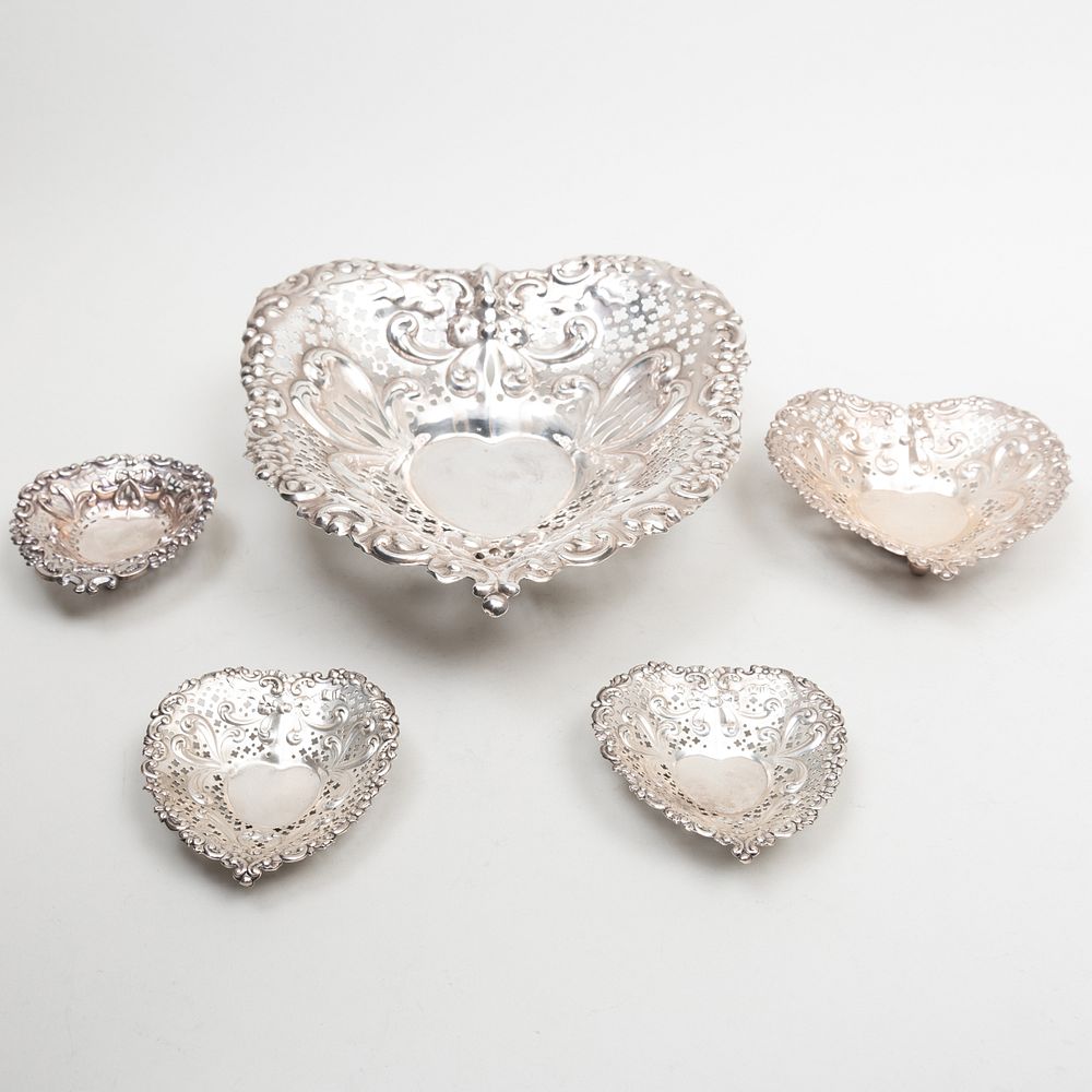 Appraisal: Four Gorham Silver Heart Shaped Candy Dishes and a Similar