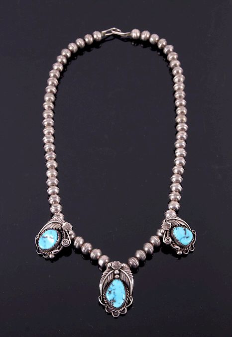 Appraisal: Signed Navajo Sterling Turquoise Necklace This is a signed Navajo