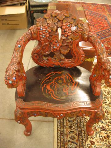 Appraisal: Chinese Carved Lacquerware Arm Chair berry vine with glass Jewels