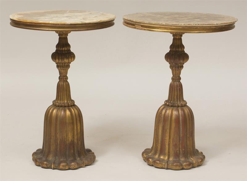 Appraisal: Pair of Decorative Carved Giltwood Gu ridons With marble tops