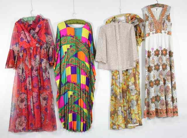 Appraisal: A s polychrome pleated kaftan two other floral dresses a