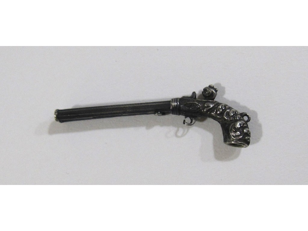 Appraisal: Victorian silver miniature double barrelled flintlock pistol each barrel with