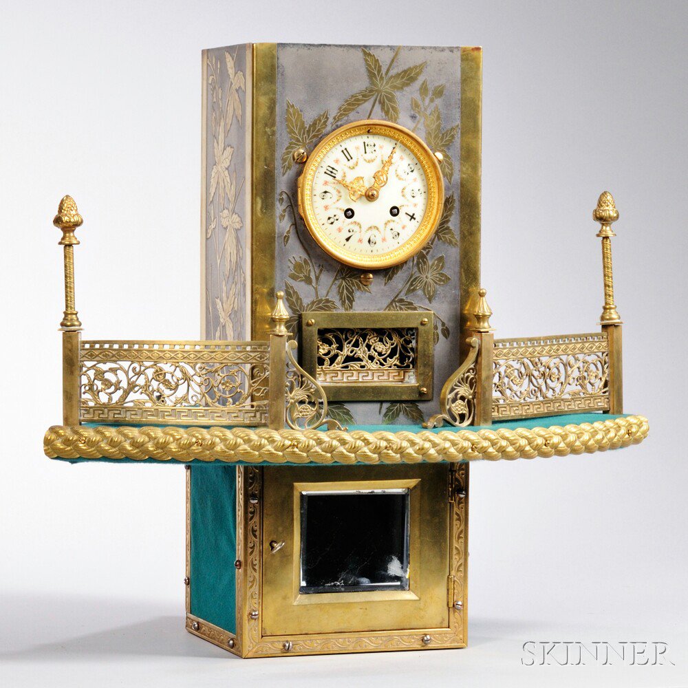 Appraisal: French Clock with Brass Corner Shelf brass front and side