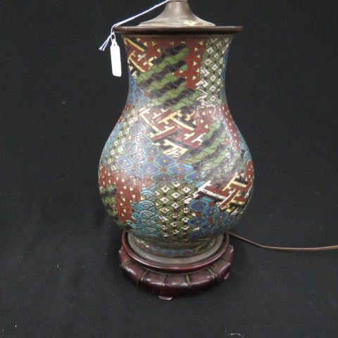 Appraisal: Japanese Bronze Champleve Lamp interesting geometrics body