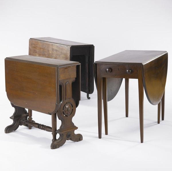 Appraisal: THREE ENGLISH DROP-LEAF TABLES Two in mahogany one in walnut