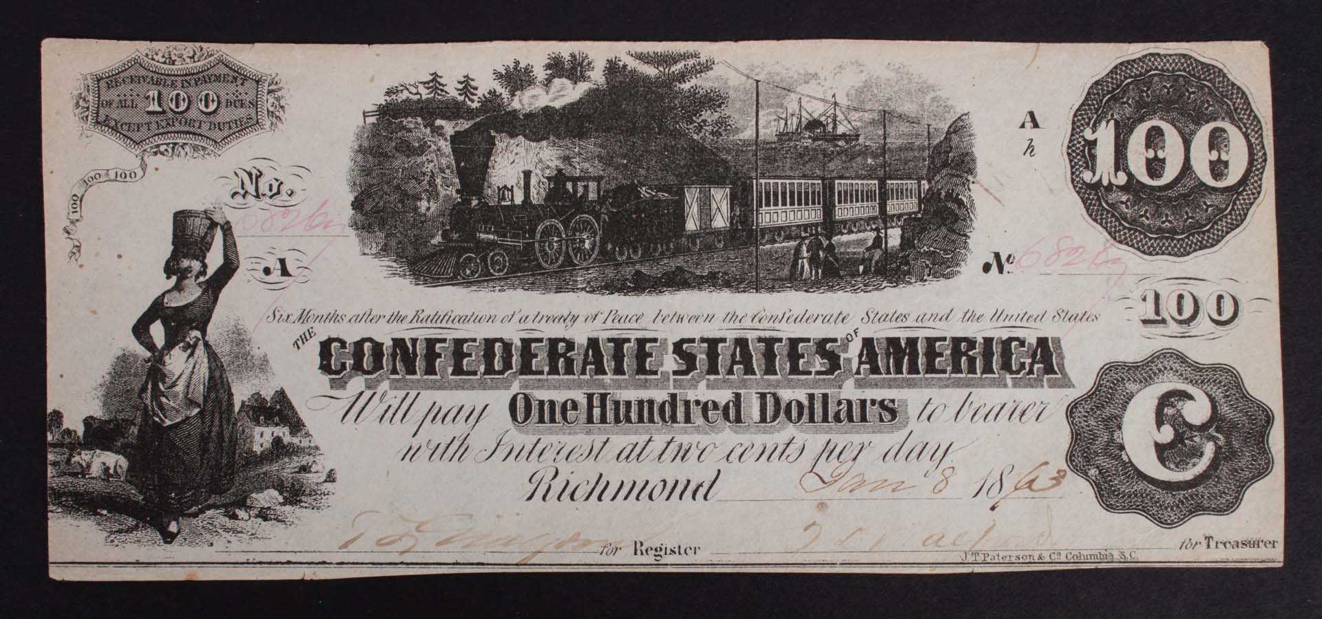 Appraisal: Confederate Currency interest-bearing note dated Jan duly signed and dated