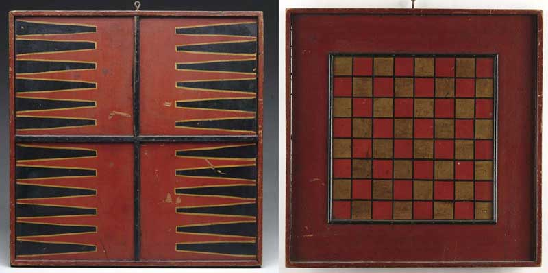 Appraisal: FINE PAINTED DOUBLE SIDED CHECKERS BACKGAMMON GAME BOARD Side -