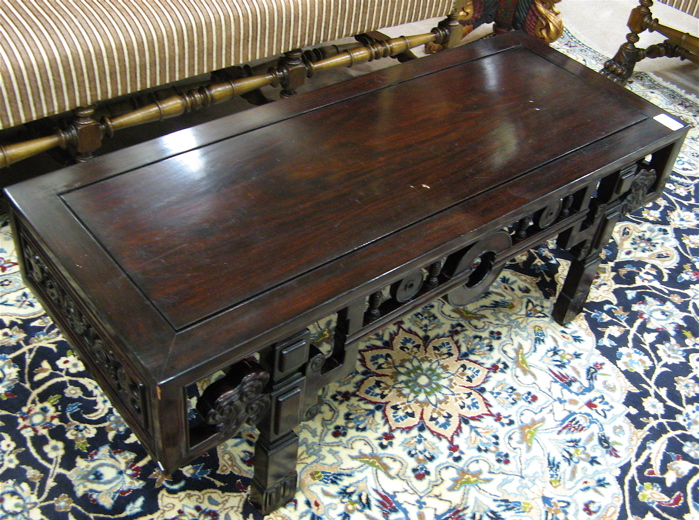 Appraisal: CHINESE ROSEWOOD LOW TABLE of altar table design with rectangular