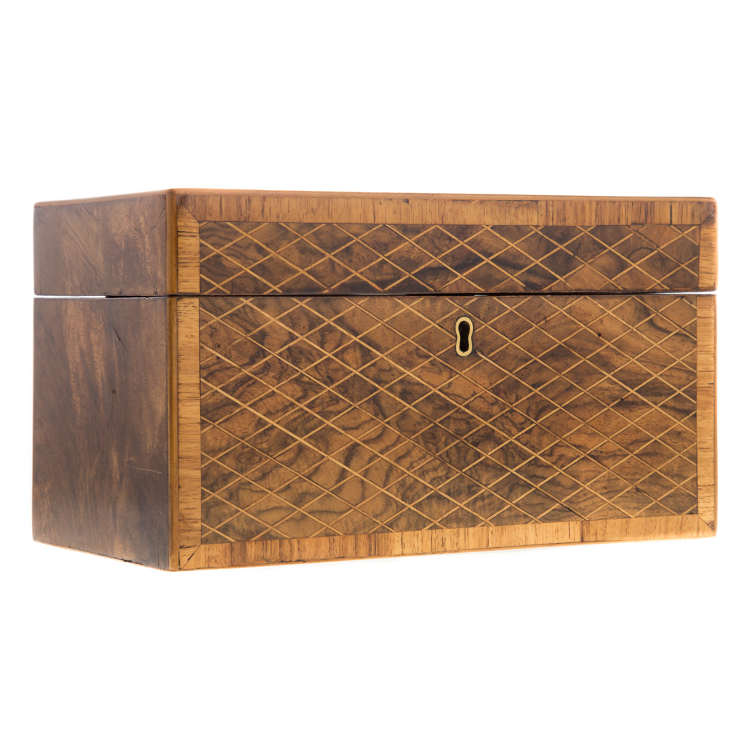 Appraisal: George IV inlaid burl walnut tea caddy circa banded and