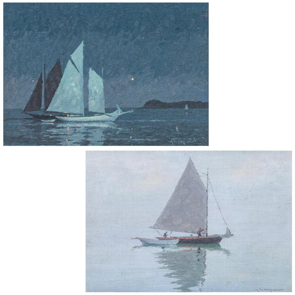 Appraisal: ALBERT MERCHANT American - Sailboats A Pair oil on canvas