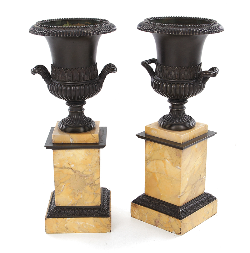 Appraisal: Pair French Empire style bronze and marble urns third quarter