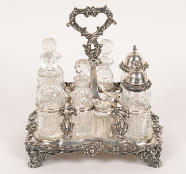 Appraisal: Victorian English sterling silver condiment set stoppered cruets salt and