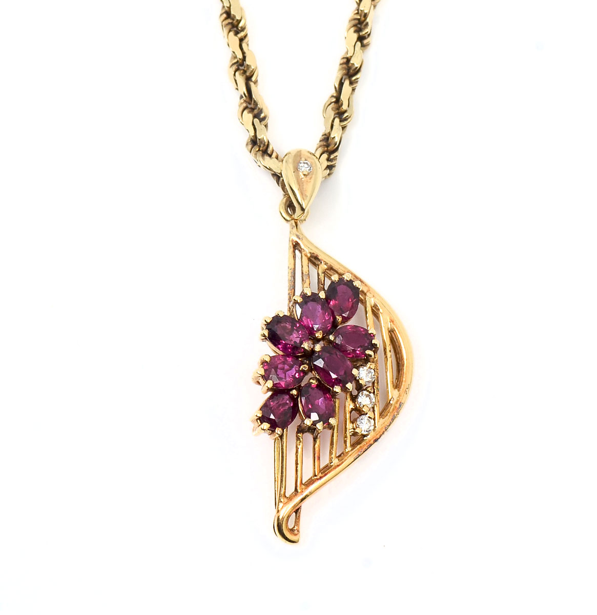 Appraisal: K RUBY DIAMOND PENDANT CHAIN K yellow gold pendant contains