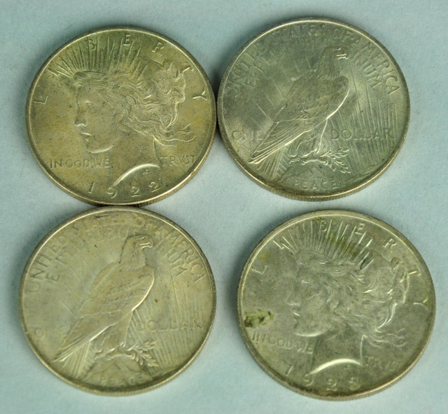 Appraisal: Four Peace Silver DollarsTwo dated in and two dated coins