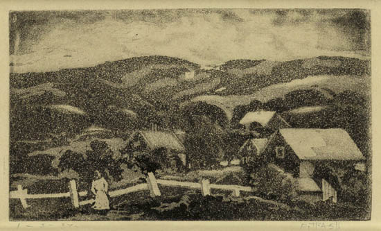 Appraisal: DOX THRASH - Untitled Landscape with Farm Buildings Aquatint on