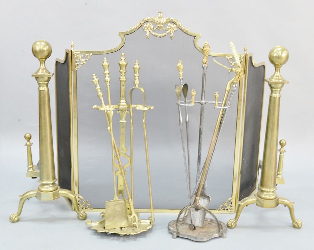 Appraisal: Fireplace group to include monumental brass andirons two sets of